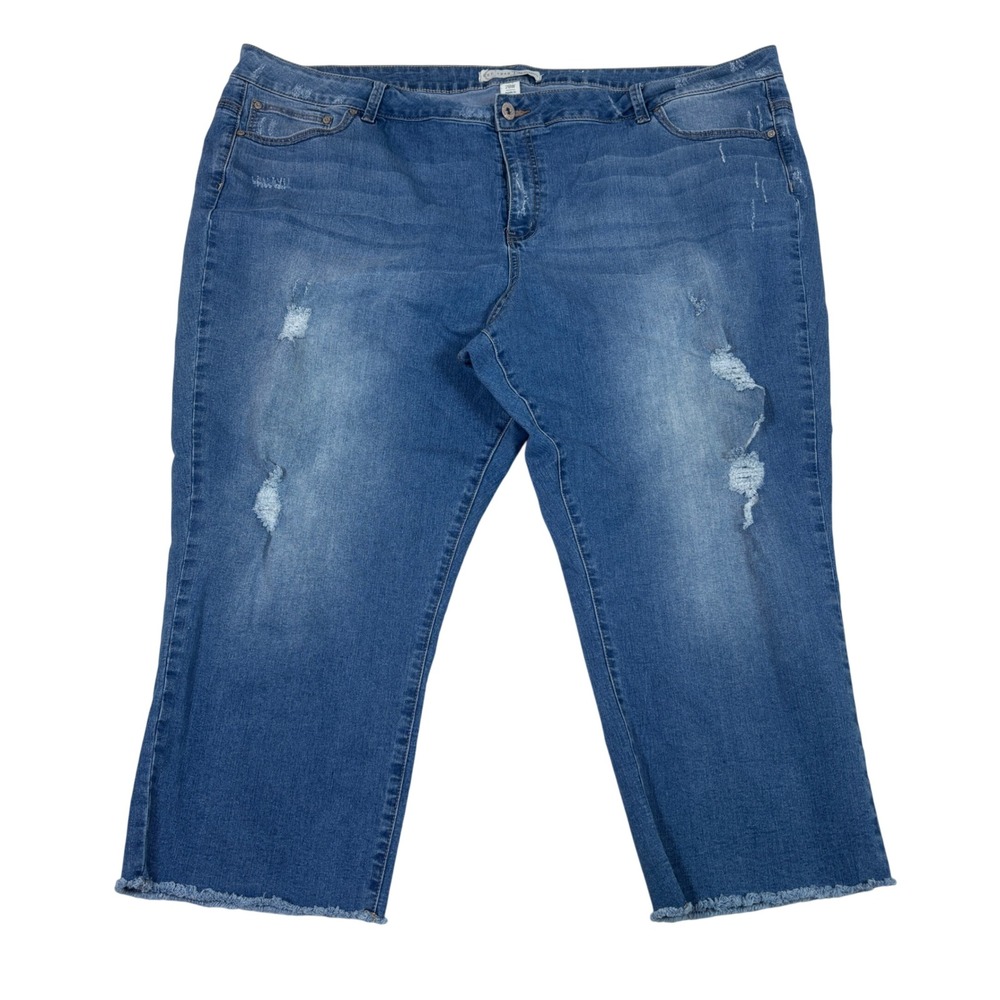 Cato Denim Womens 28W Curvy Distressed Cropped Capri Jeans Blue Raw Hem Stretch